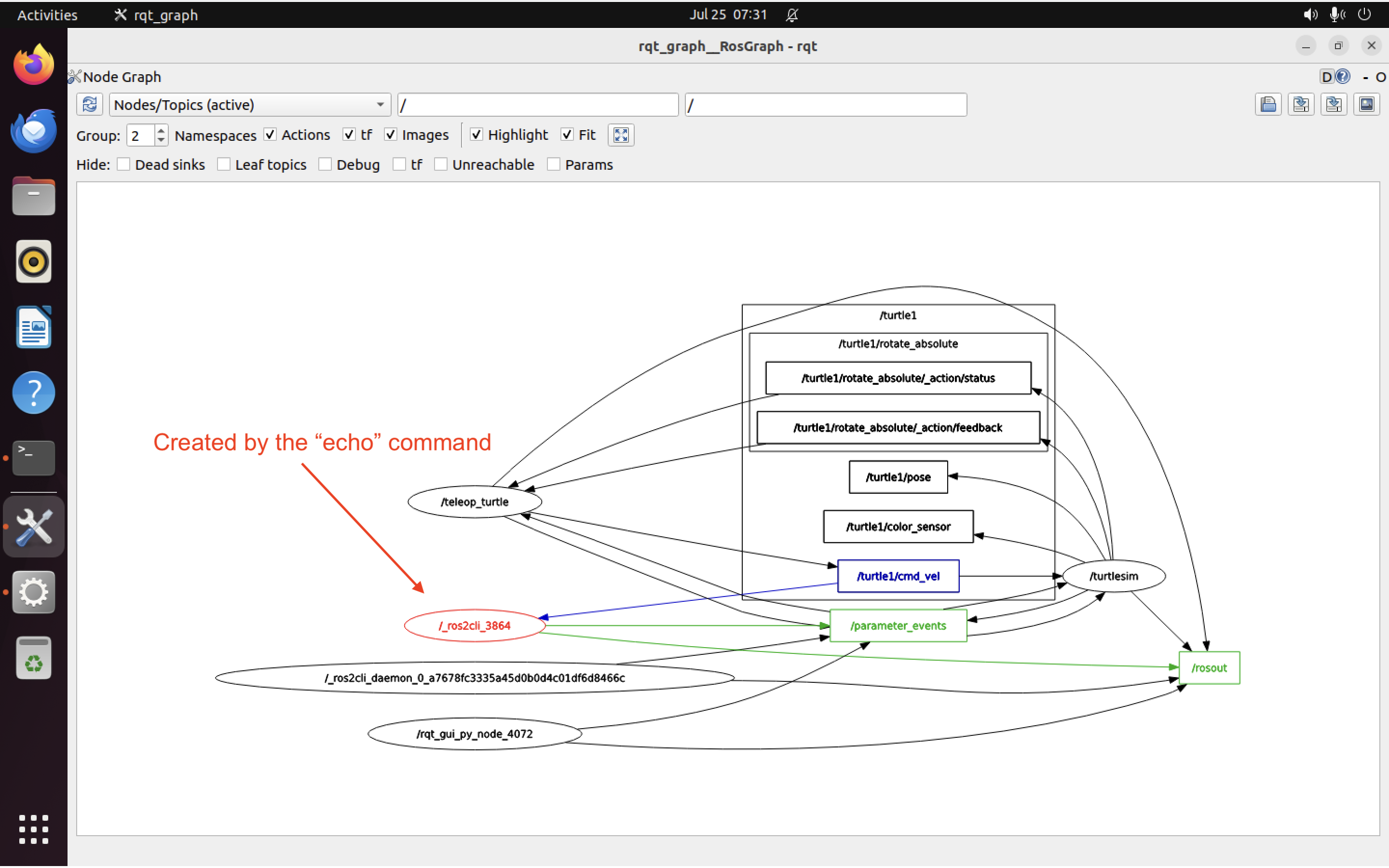 The rqt graph, with the new node created by the echo command