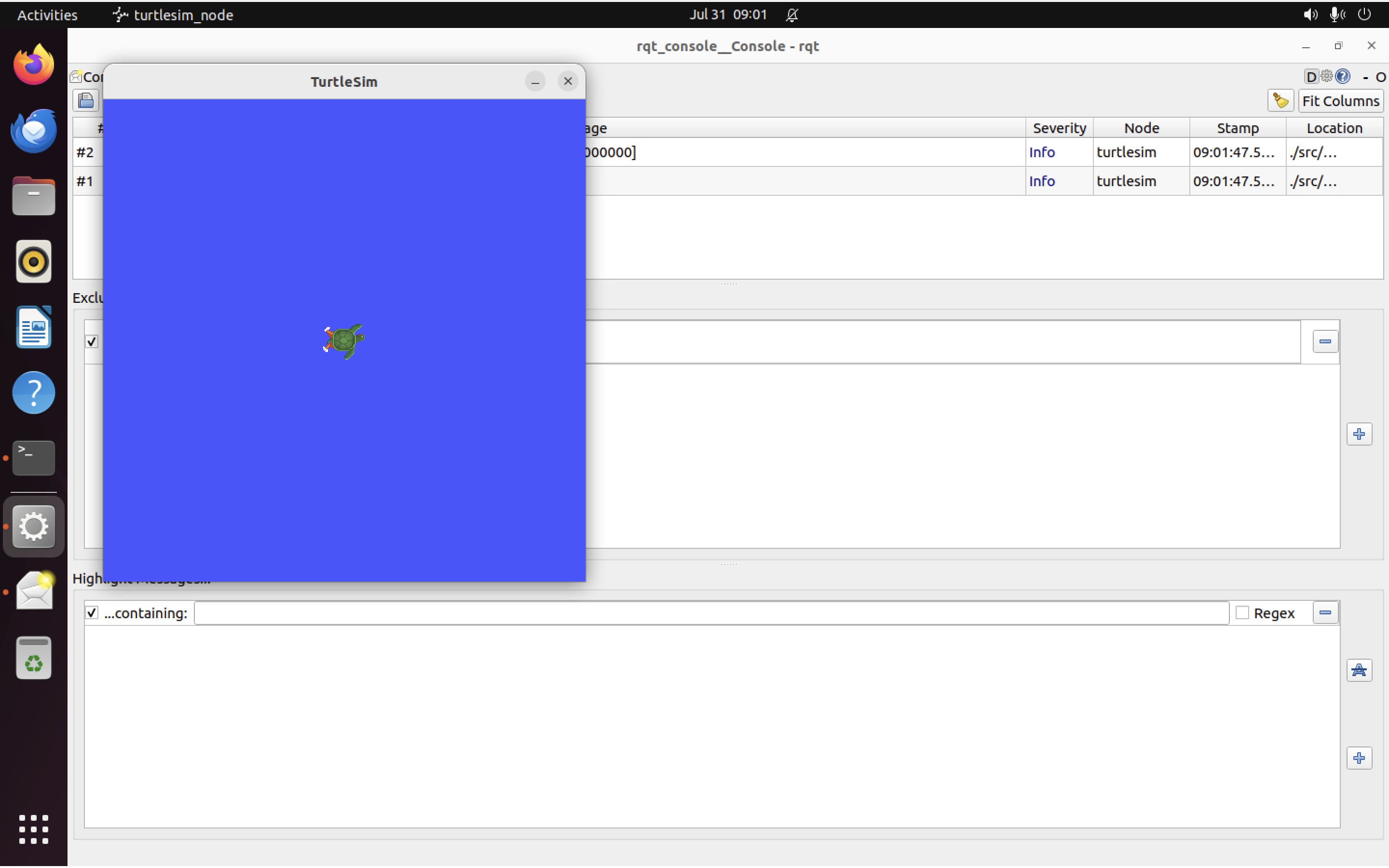 rqt_console and turtlesim windows open