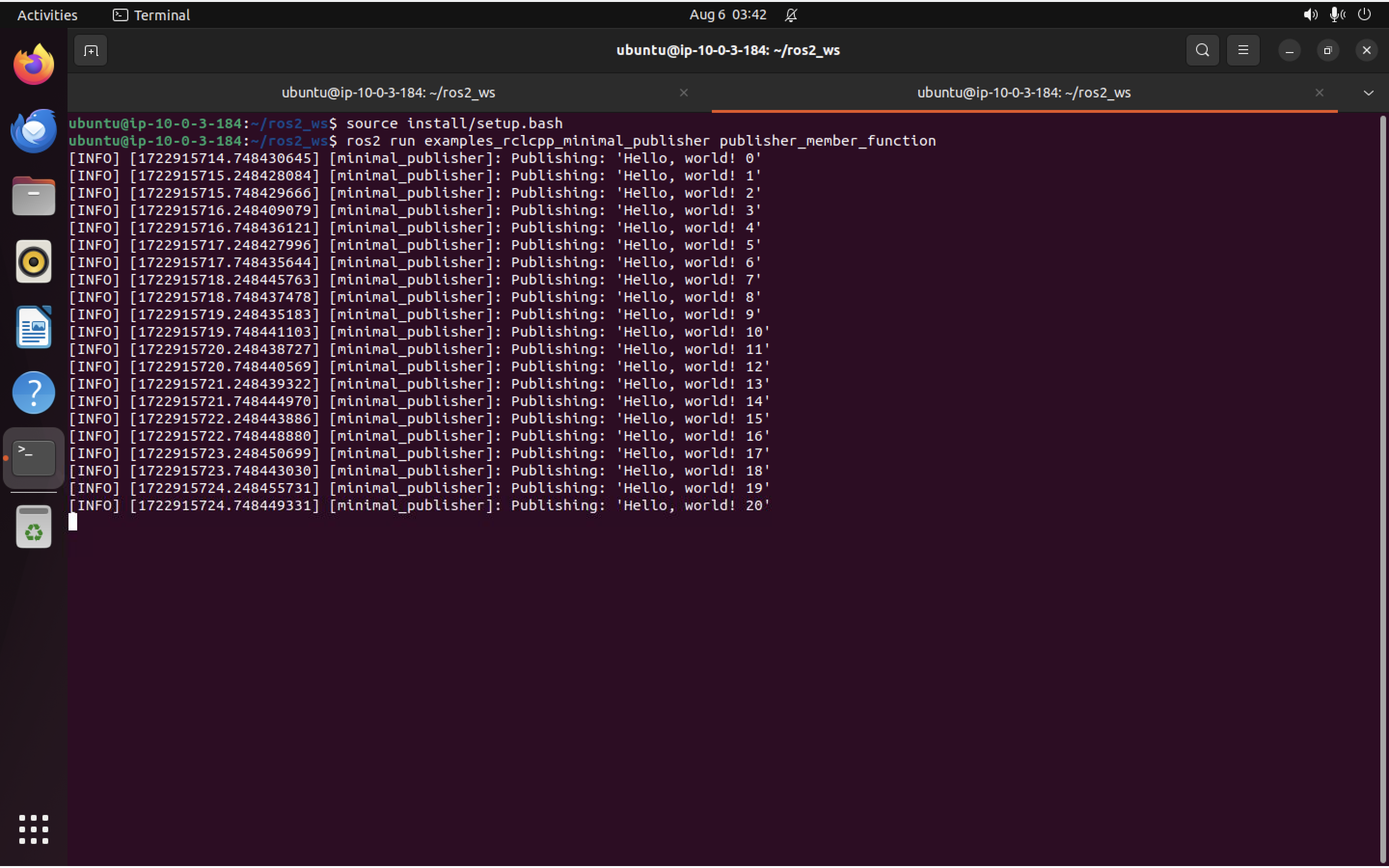 Publisher terminal showing sent messages