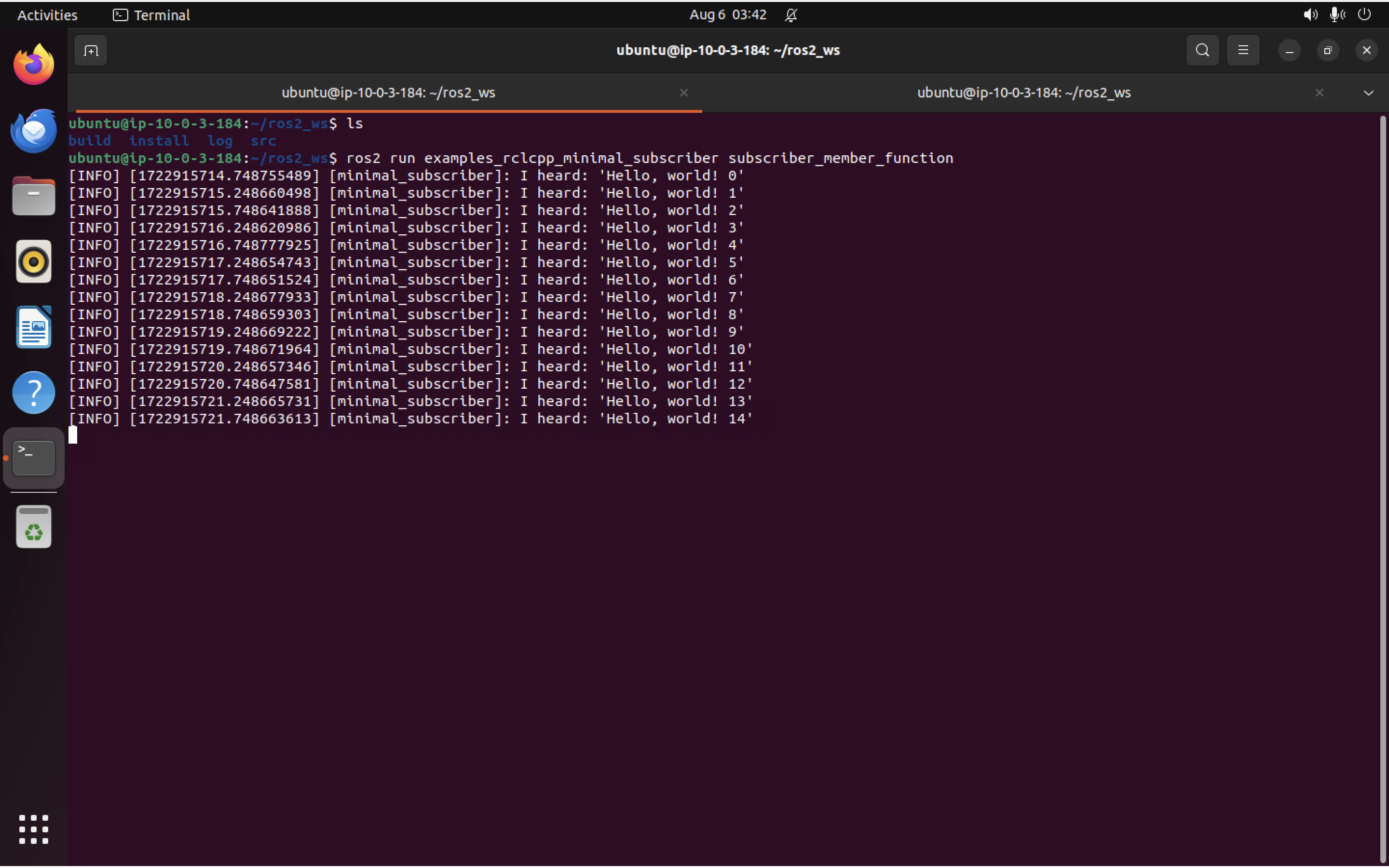 Subscriber terminal showing received messages