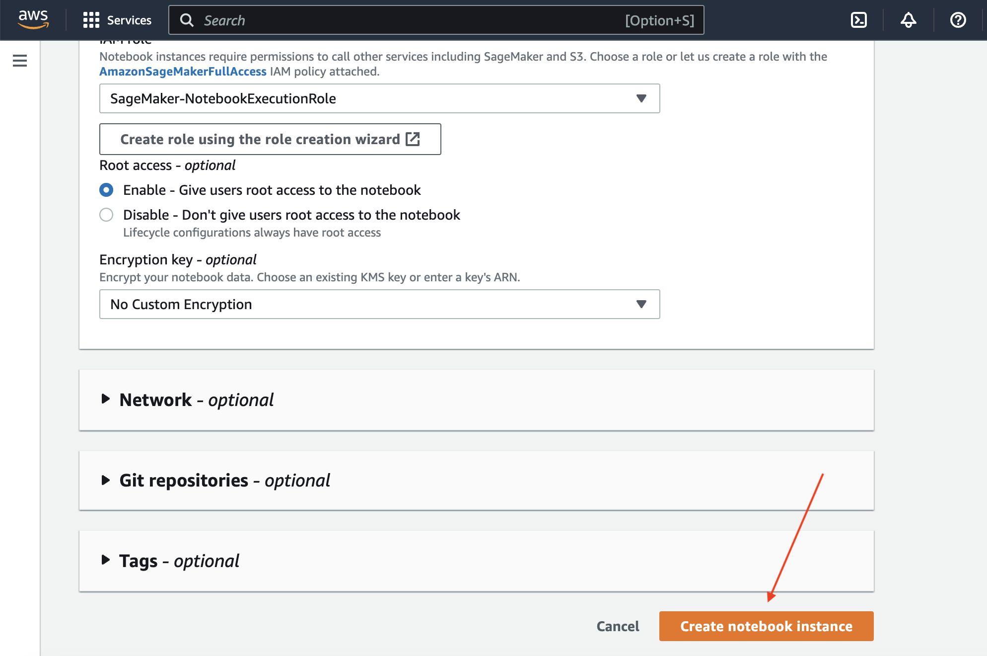 SageMaker Notebook create button