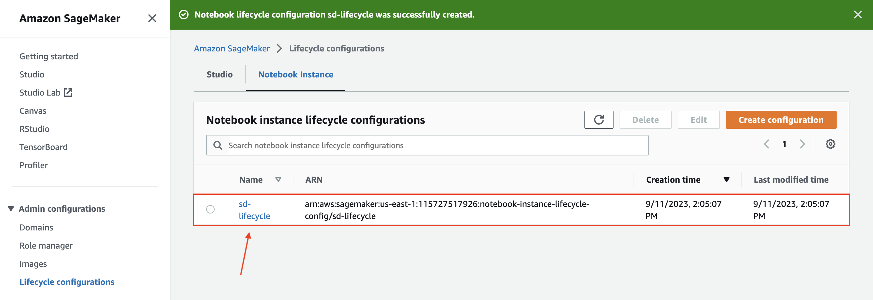 Lifecycle configurations list