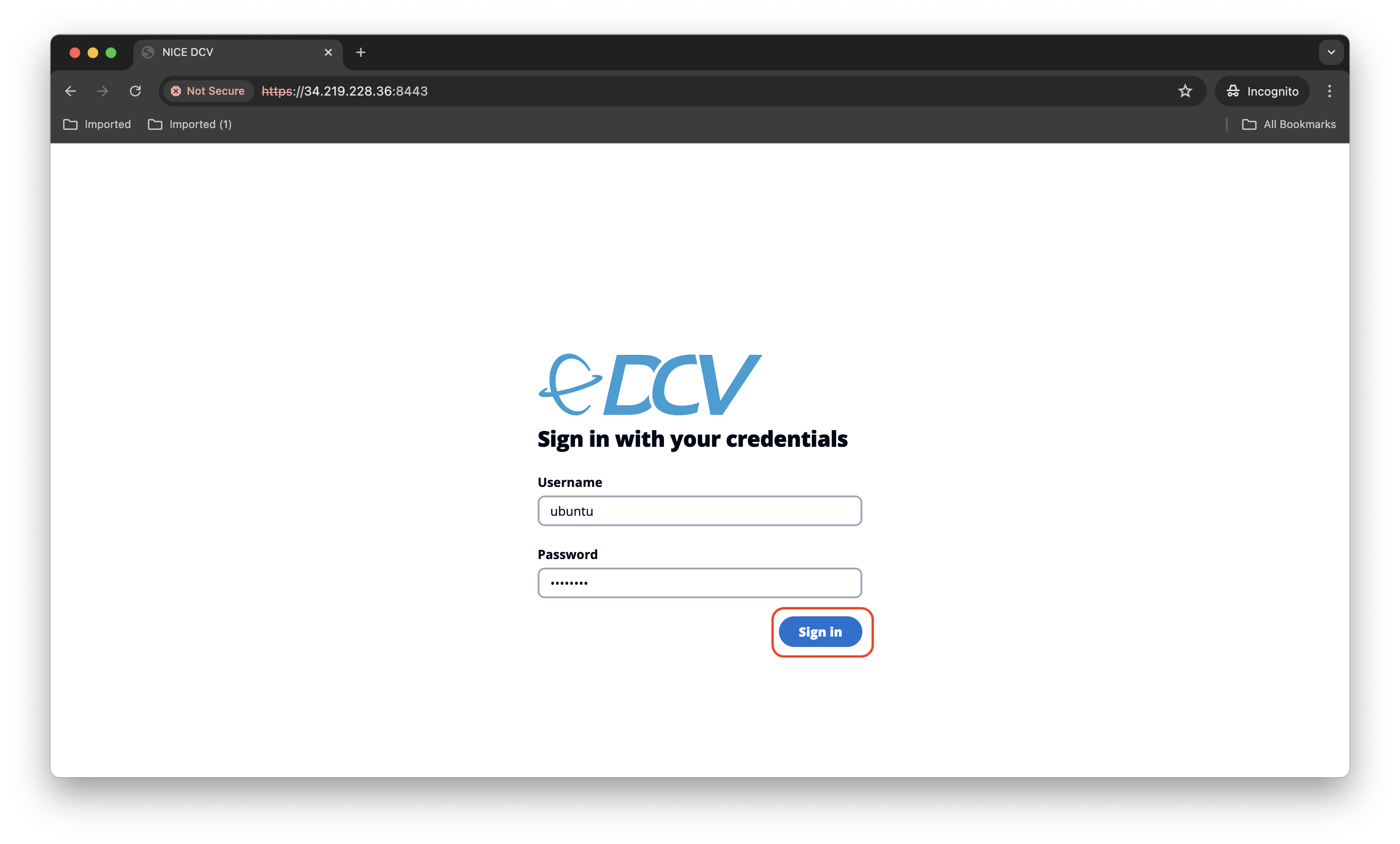 NICE DCV login page