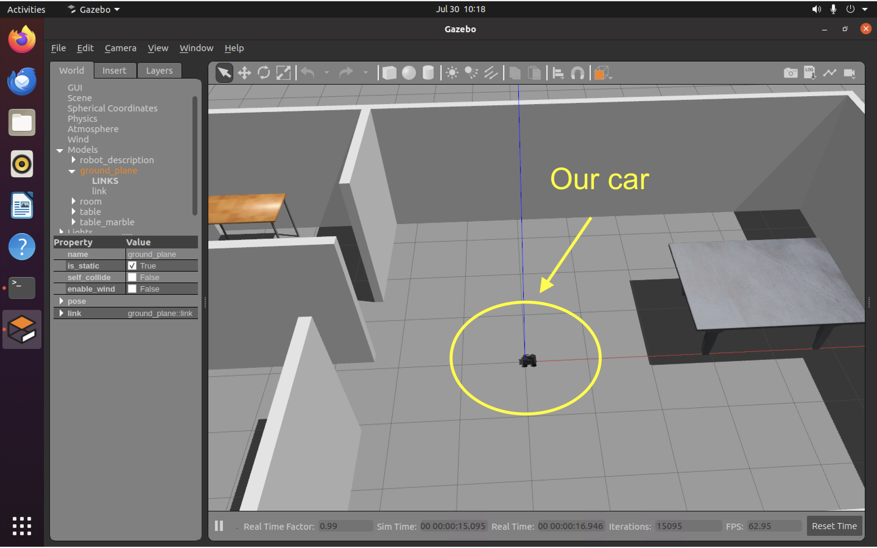 Virtual car sitting in a simulated Gazebo world